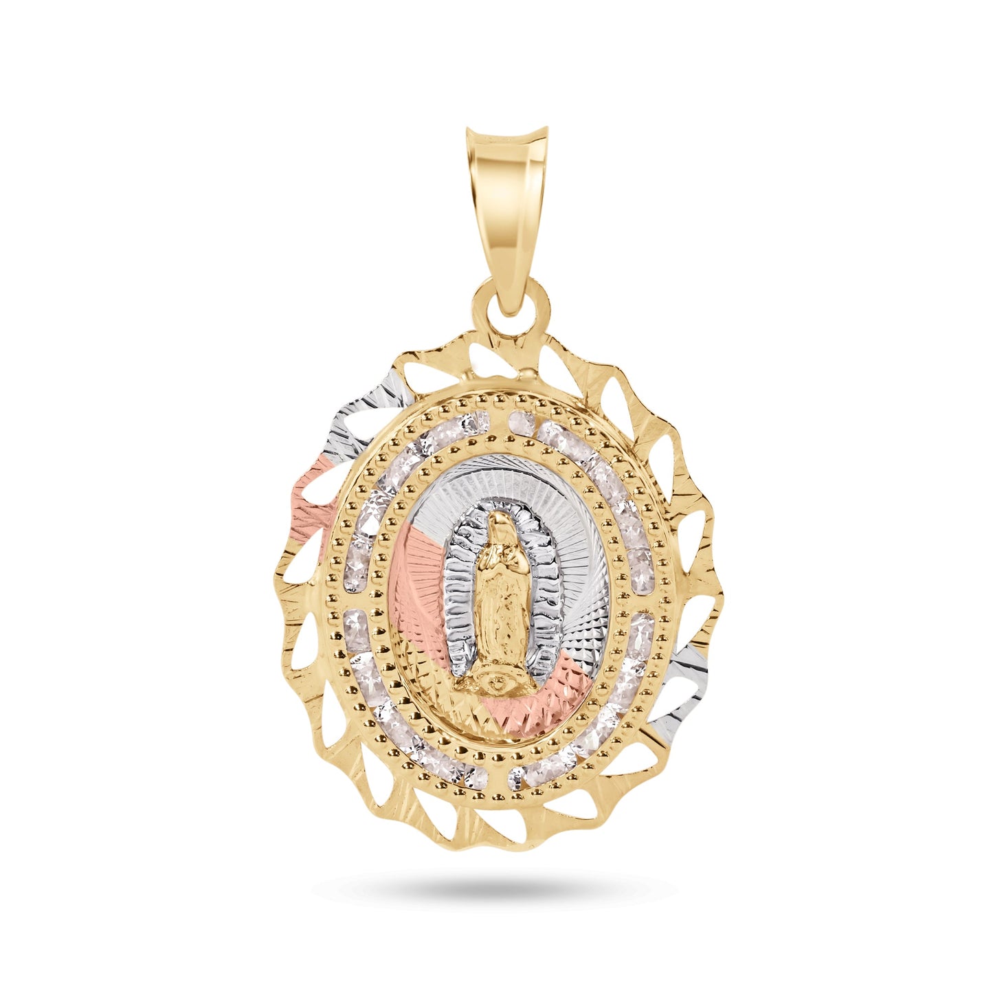 14k Yellow Gold 2 Tone Diamond Cut Oval Bezel Our Lady of Guadalupe CZ Pendant