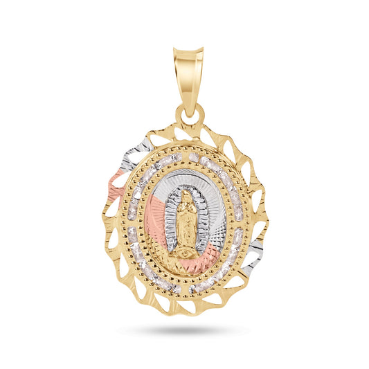 14k Yellow Gold 2 Tone Diamond Cut Oval Bezel Our Lady of Guadalupe CZ Pendant