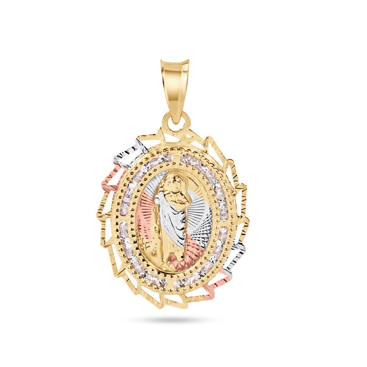 14k Yellow Gold 2 Tone Diamond Cut Oval Sharp Edge Bezel Saint Jude CZ Pendant