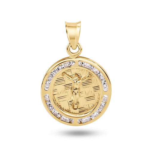 14k Yellow Gold Round Jesus Christ Crucifix Christian Clear CZ Medallion Pendant