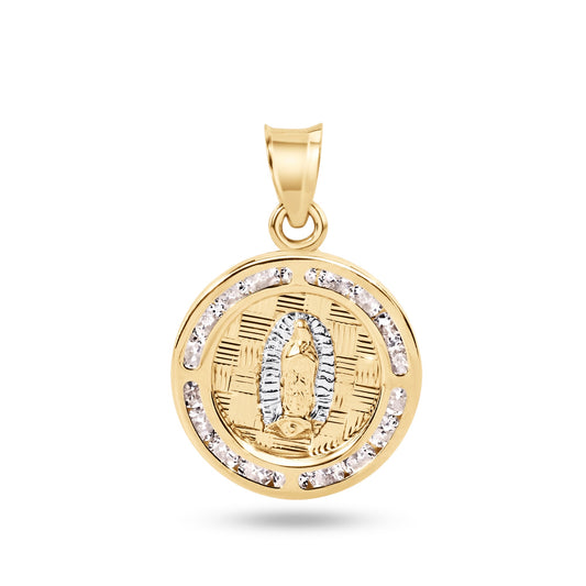 14k Yellow Gold Round Our Lady of Guadalupe Clear CZ Medallion Catholic Pendant