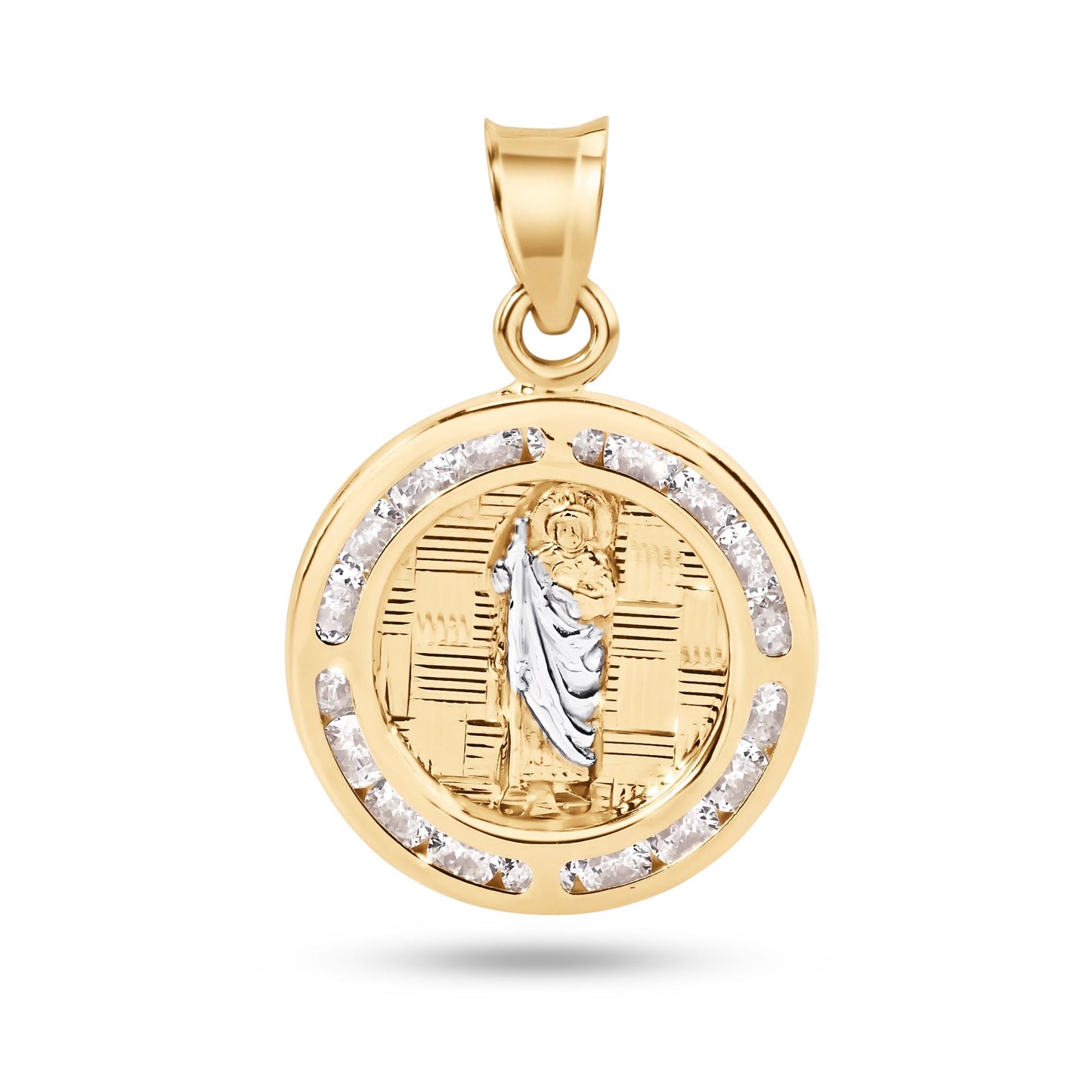 14k Yellow Gold Round Saint Jude Clear CZ Medallion Catholic Christian Pendant