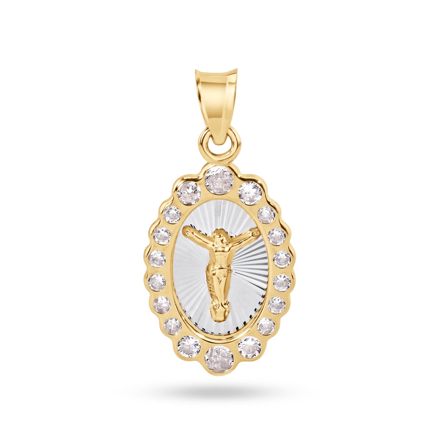 14k Yellow Gold Oval Jesus Christ Clear CZ Cathoic Crucifix Christian Pendant