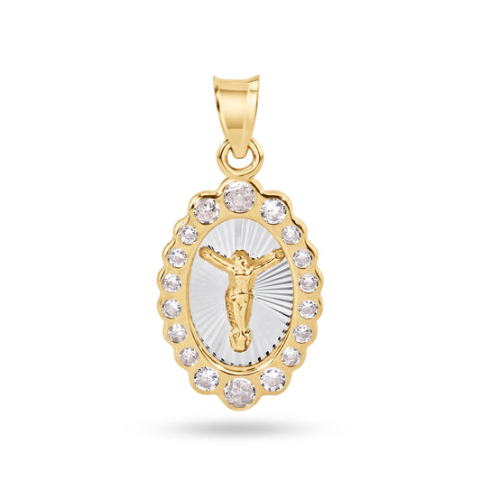 14k Yellow Gold Oval Jesus Christ Clear CZ Cathoic Crucifix Christian Pendant