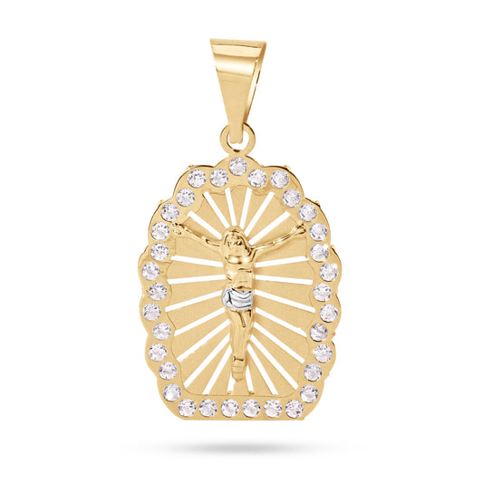 14 Karat Yellow Gold 2 Tone Jesus Christ Crucifix Cross Charm Clear CZ Pendant