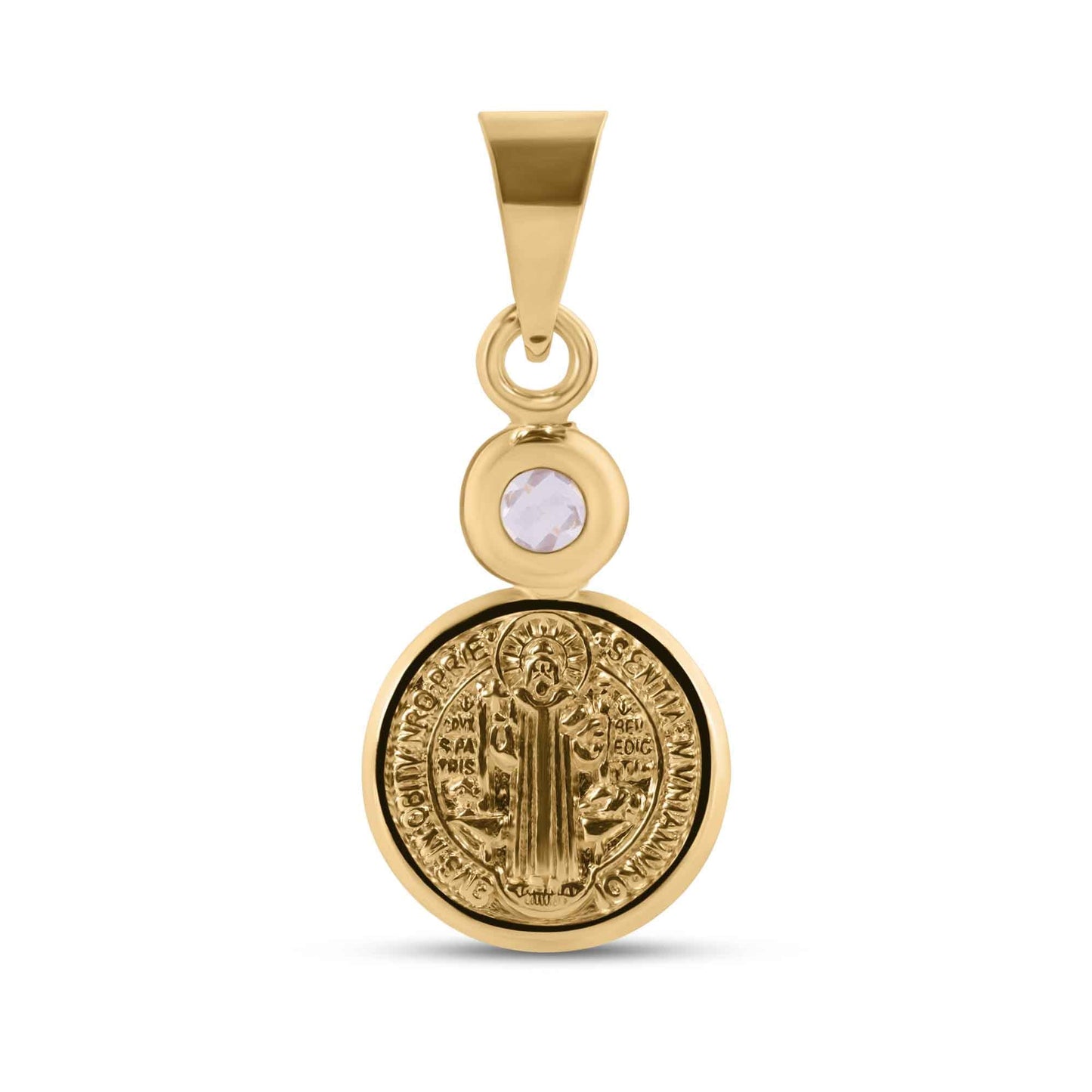 14k Yellow Gold Saint Benedict Medal Clear CZ Catholic Christian Charm Pendant