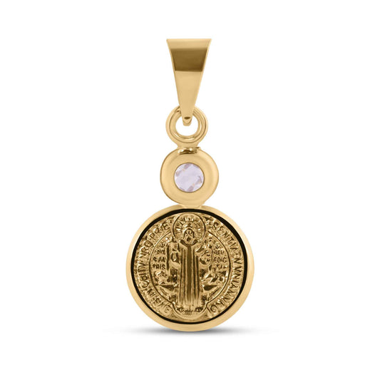 14k Yellow Gold Saint Benedict Medal Clear CZ Catholic Christian Charm Pendant
