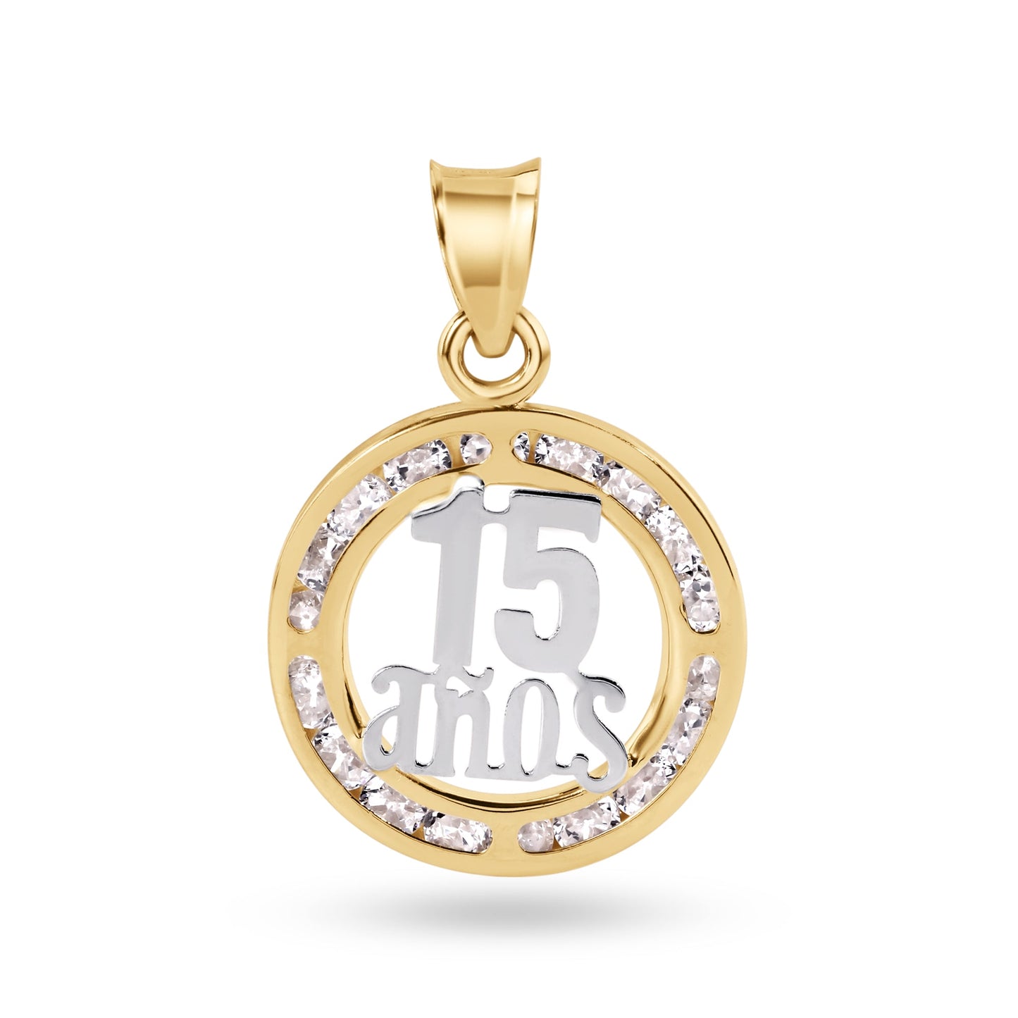 14k Yellow Gold Quinceañera 15 Anos Clear CZ Birthday Medallion Charm Pendant