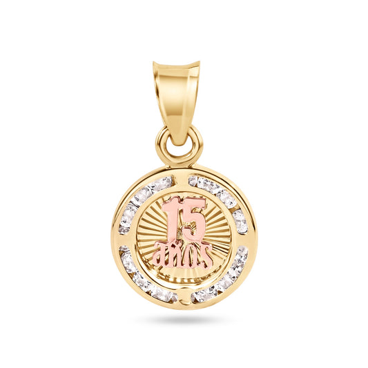 14k Yellow Gold Quinceañera 15 Anos Diamond Cut Clear CZ Pendant Birthday Charm