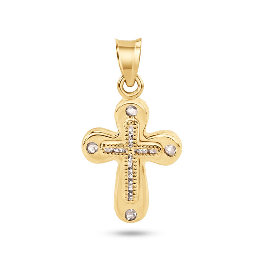 14k Yellow Gold Beaded Cross Clear CZ Pendant Christian Jesus Crucifix Charm