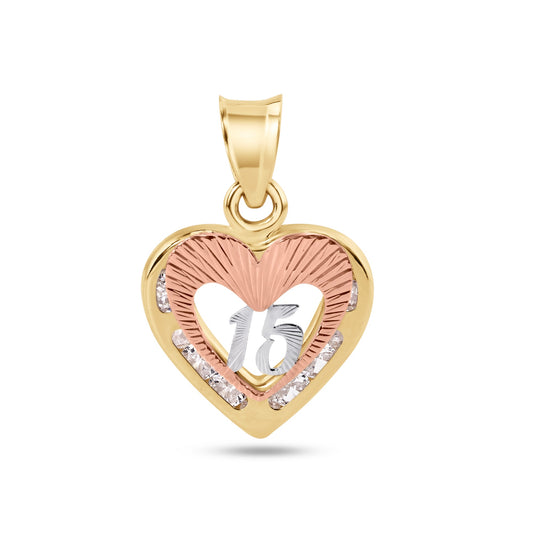 14k Yellow Gold Heart 2 Tone Quinceañera 15 Anos Diamond Cut Clear CZ Pendant