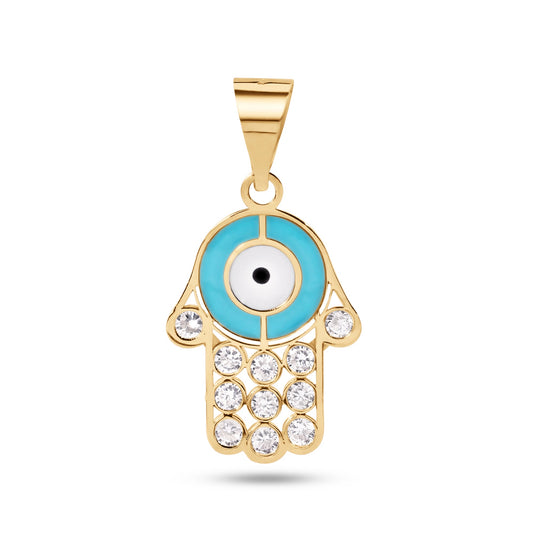 14k Yellow Gold Hamsa Enamel Simulated Turquiose and White with Clear CZ Pendant
