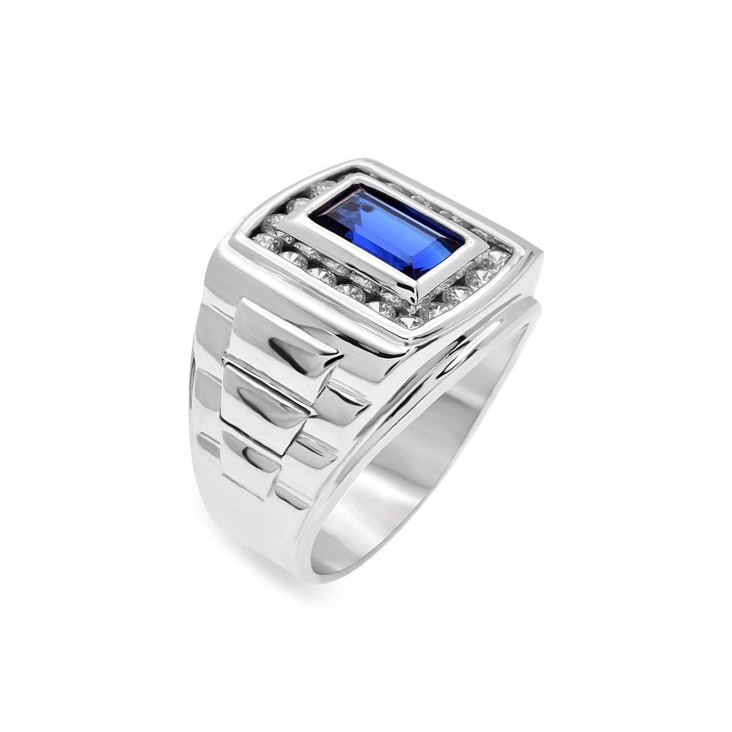 Rhodium Plated 925 Sterling Silver Blue Topaz Baguette Clear CZ Ring Sizes 9-11