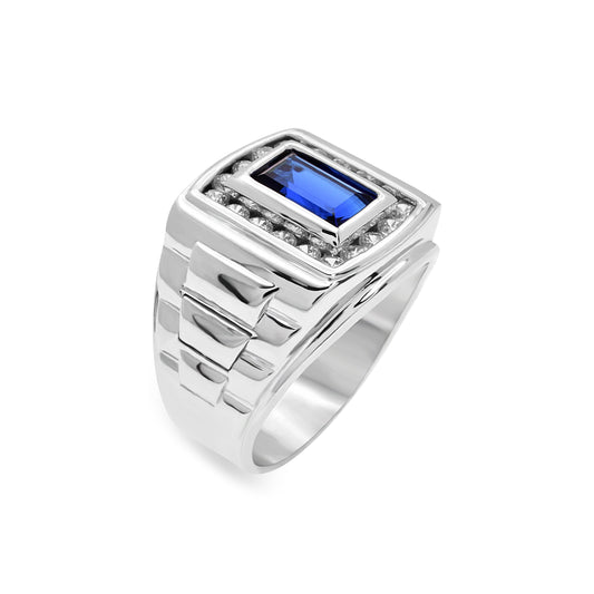 Rhodium Plated 925 Sterling Silver Blue Topaz Baguette Clear CZ Ring Sizes 9-11