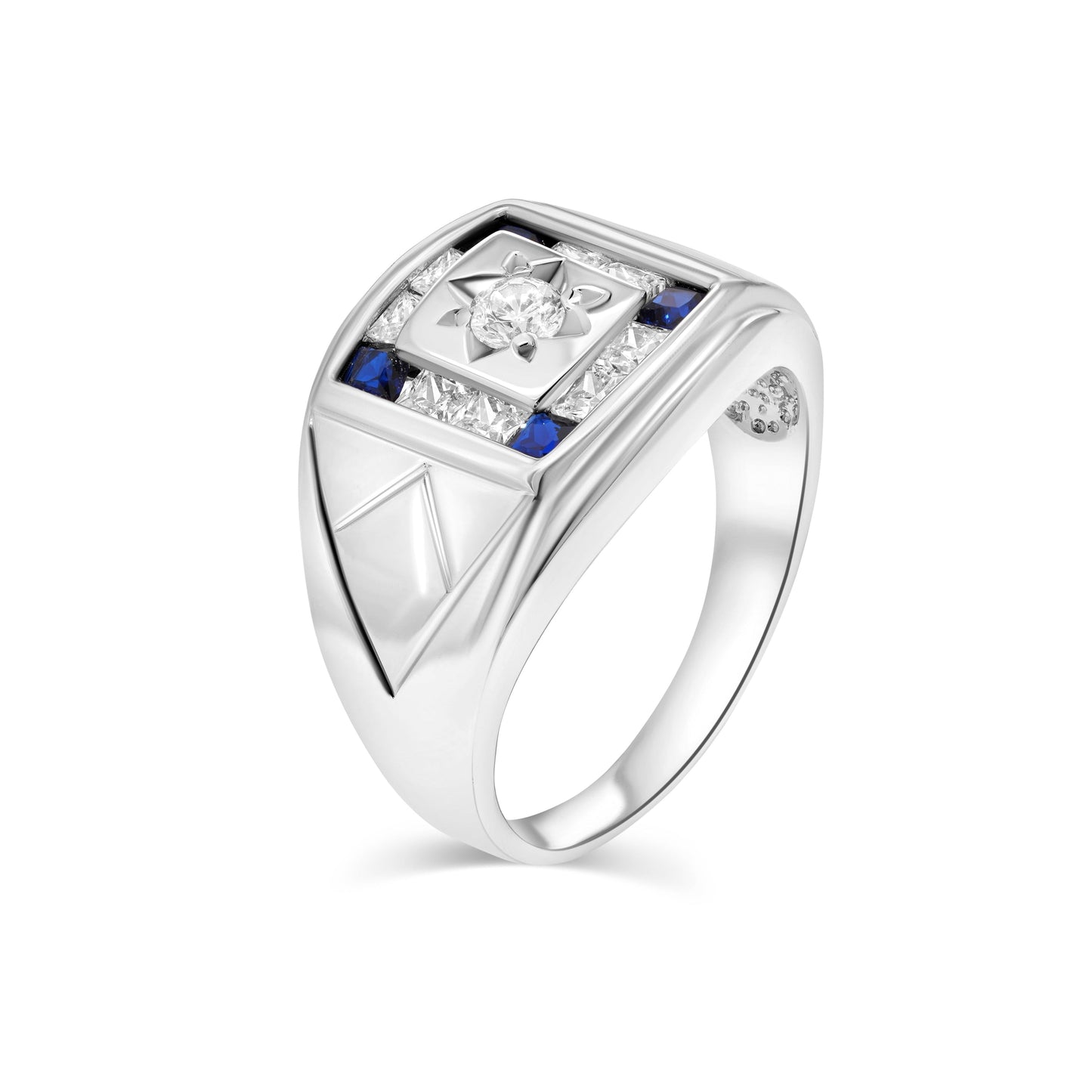Rhodium Plated 925 Sterling Silver Square Blue Topaz & Clear CZ Ring Sizes 9-11