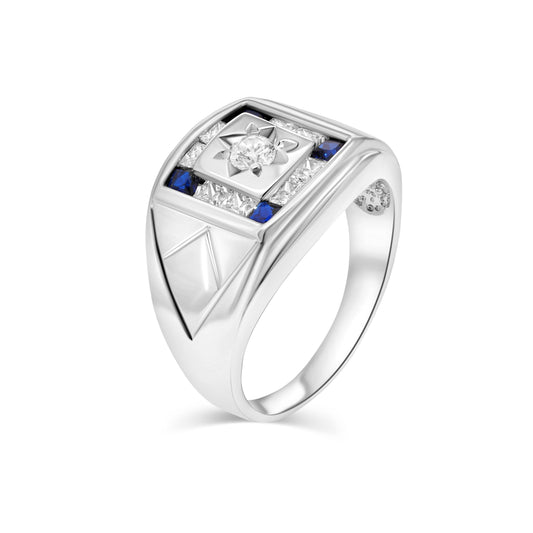 Rhodium Plated 925 Sterling Silver Square Blue Topaz & Clear CZ Ring Sizes 9-11