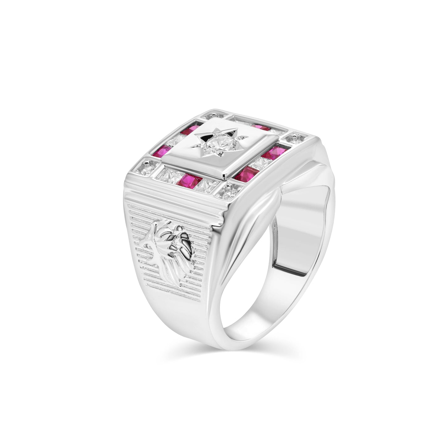 Rhodium Plated 925 Sterling Silver Lion Sun Band Ruby & Clear CZ Ring Sizes 9-11