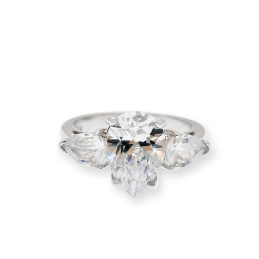 Rhodium Plated 925 Sterling Silver Pear Shaped CZ Ring Polished Band Sizes 5-6