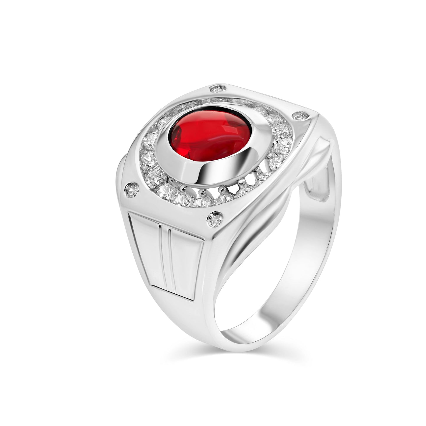 Rhodium Plated 925 Sterling Silver Men's Round Ruby & Clear CZ Ring Sizes 9-11