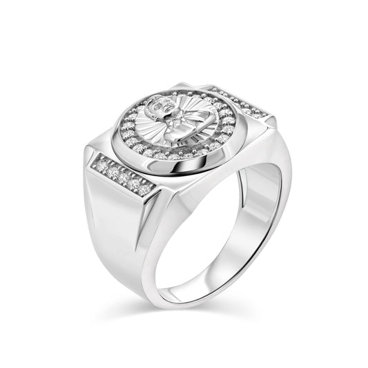 Rhodium Plated 925 Sterling Silver Men's Malverde Clear CZ Ring Sizes 9-11