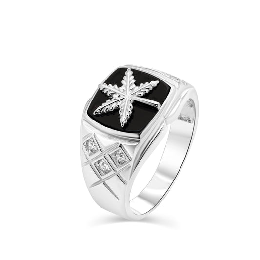 Rhodium Plated 925 Sterling Silver Cannabis Black Onyx Clear CZ Ring Sizes 9-11