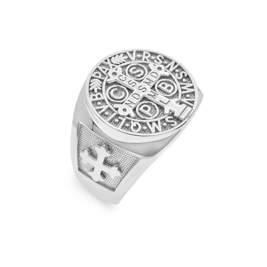 Rhodium Plated 925 Sterling Silver Men's Saint Benedict Prayer Ring Sizes 9-11