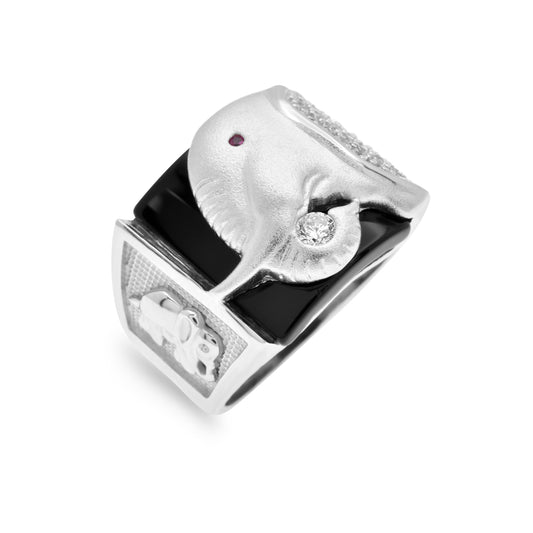 Rhodium Plated 925 Sterling Silver Elephant Black Onyx Ruby CZ Ring Sizes 9-11