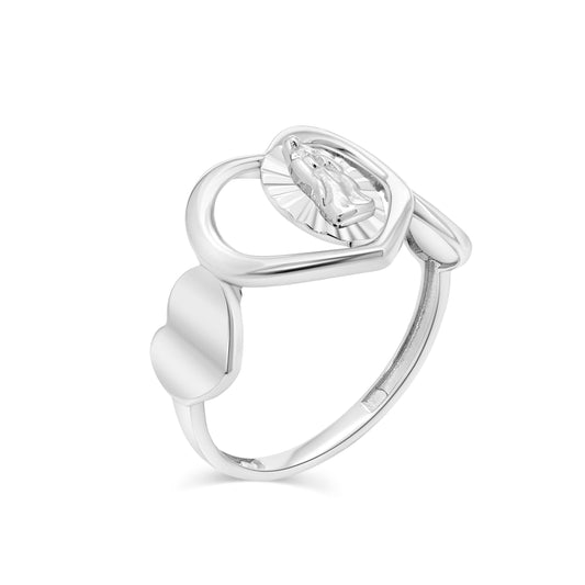 Rhodium Plated 925 Sterling Silver Hearts Our Lady of Guadalupe Ring Sizes 5-9