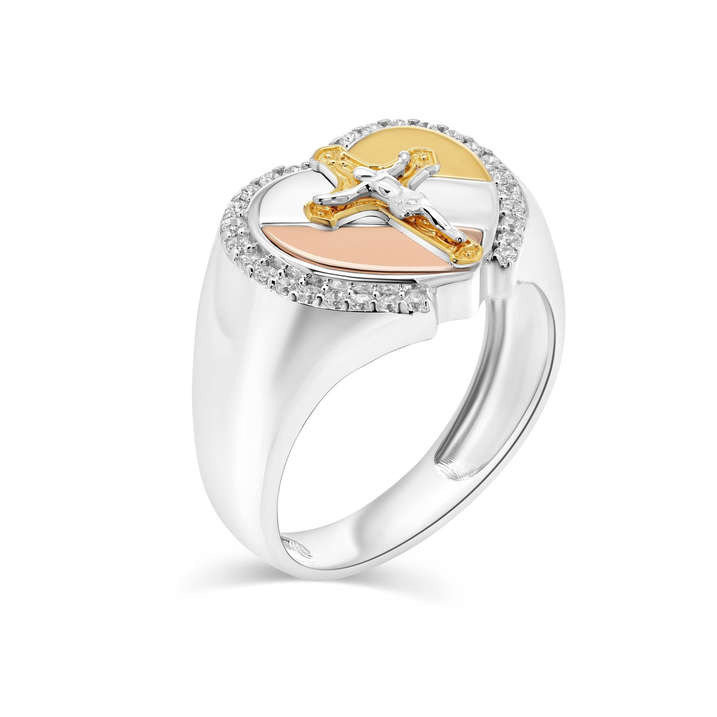 Three-Tone Plated 925 Sterling Silver Crucifix Cross Heart CZ Ring Sizes 5-9