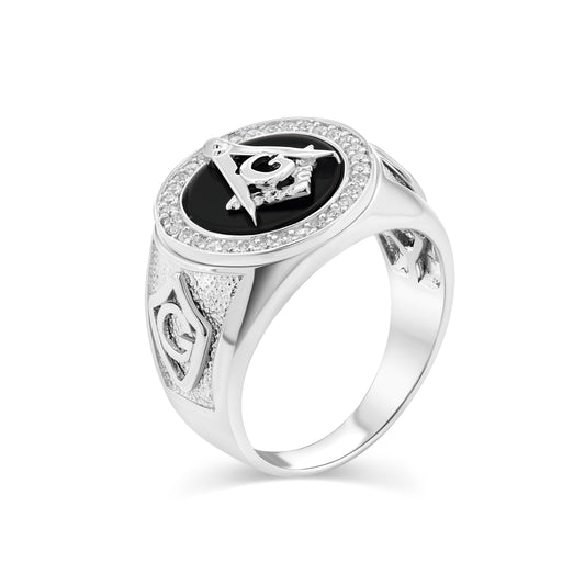 Rhodium Plated 925 Sterling Silver Masonic Black Onyx Clear CZ Ring Sizes 9-11