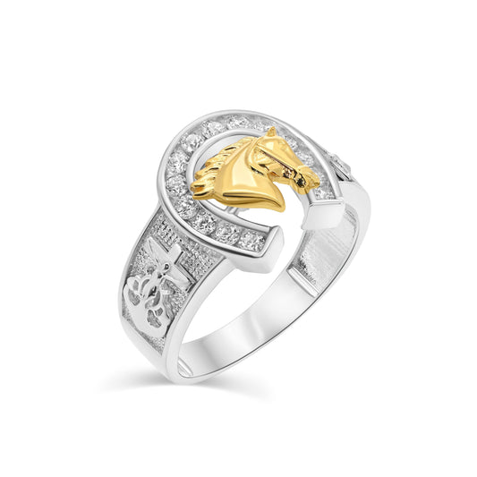 Two-Tone Plated 925 Sterling Silver Horseshoe Mariner Cross CZ Ring Sizes 5-9