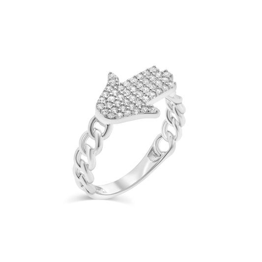 Rhodium Plated 925 Sterling Silver Hamsa CZ Ring Curb Chain Link Band Sizes 5-9