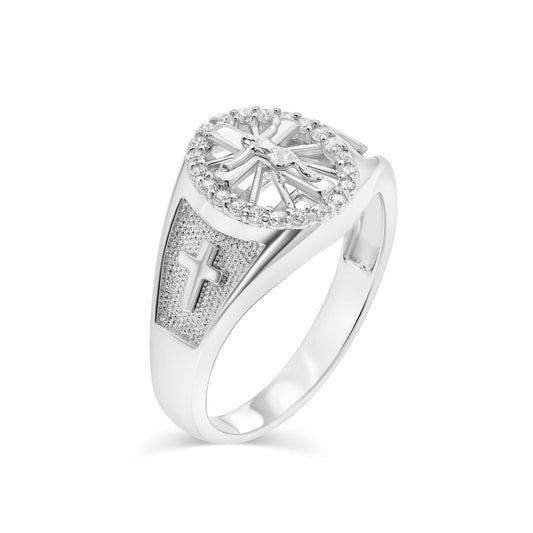 Rhodium Plated 925 Sterling Silver Men's Cross Crucifix Clear CZ Ring Sizes 9-11