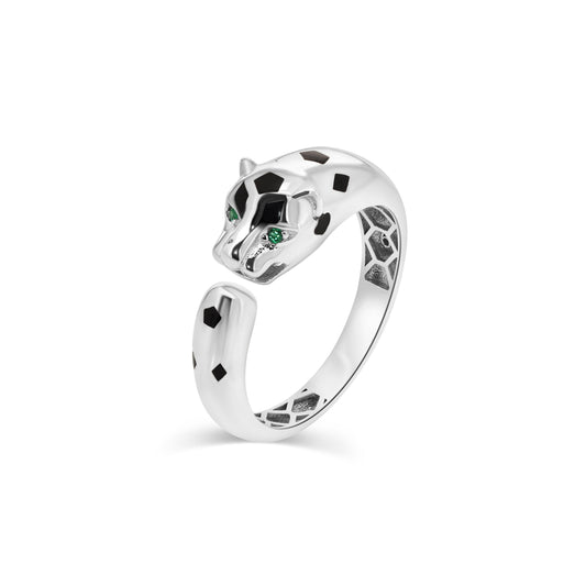 Rhodium Plated 925 Sterling Silver Panther Green CZ Black Enamel Ring Sizes 5-9