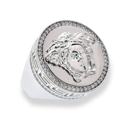 Rhodium Plated 925 Sterling Silver Medussa Greek Key Clear CZ Ring Sizes 9-11