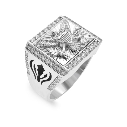 Rhodium Plated 925 Sterling Silver Diamond-Cut American Eagle CZ Ring Sizes 9-11