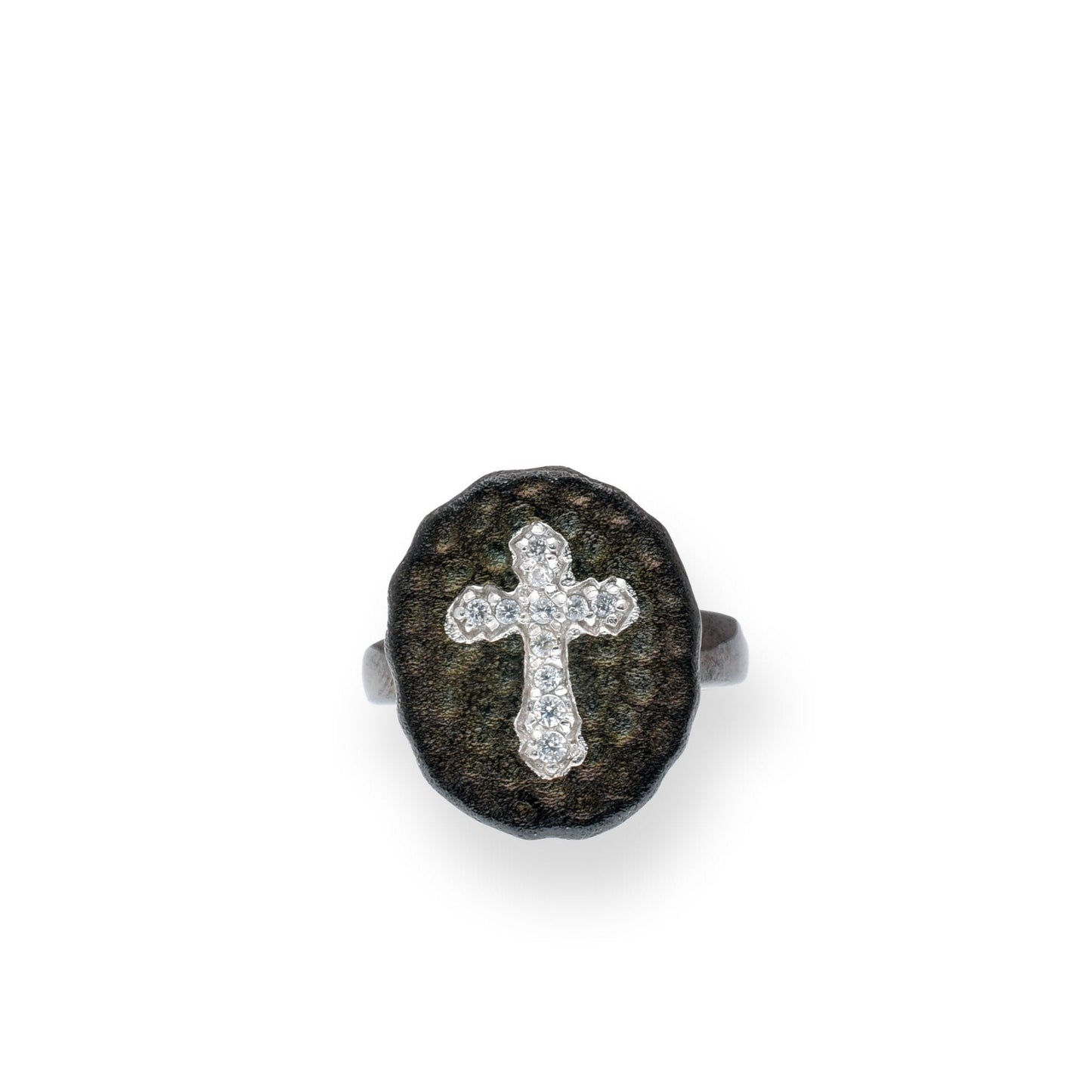 Sterling Silver 925 Black Rhodium Plated Clear CZ Cross Hammered Ring Sizes 5-9