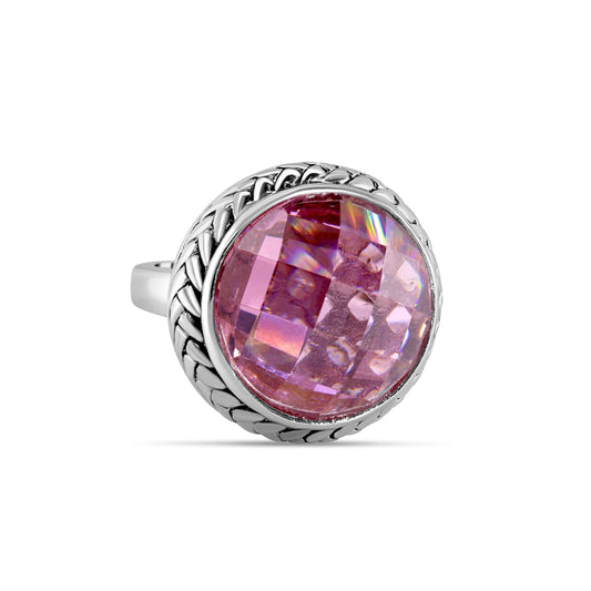 Rhodium Plated 925 Sterling Silver Dome Style Amethyst CZ Pink Ring Sizes 5-9