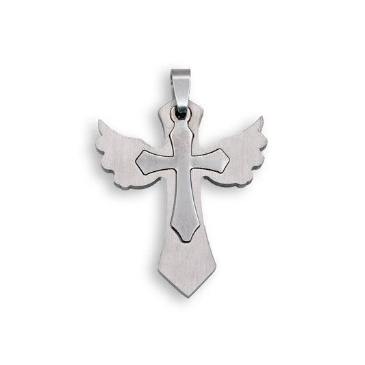 Rhodium Plated Stainless Steel Wing Cross Inlay Pendant Christian Angel Charm
