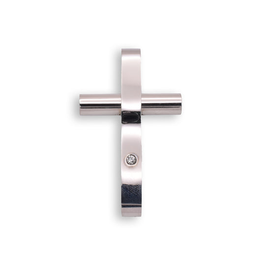 Rhodium Plated Stainless Steel Clear CZ Cross Pendant Christian Charm