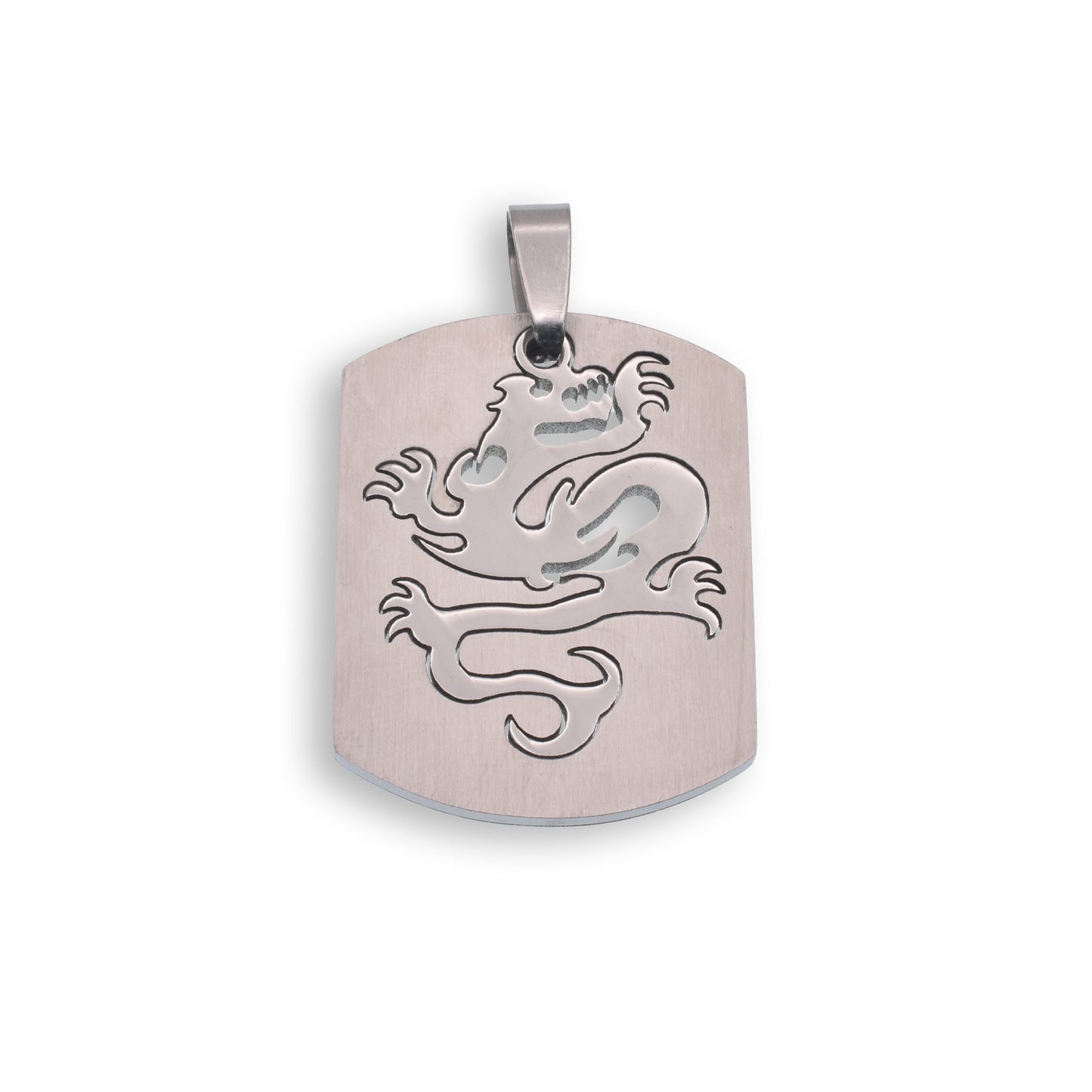 Rhodium Plated Stainless Steel Dragon Dog Tag Pendant Fantasy Charm