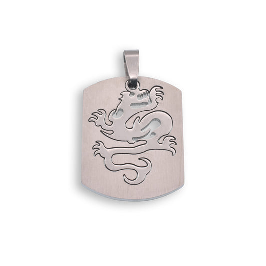 Rhodium Plated Stainless Steel Dragon Dog Tag Pendant Fantasy Charm
