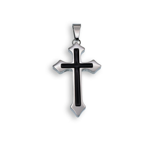 Black Rhodium Plated Stainless Steel Black Inlay Cross Pendant Christian Charm