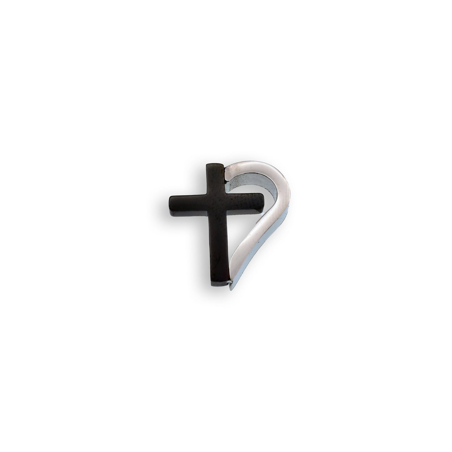 Black & Rhodium Plated Stainless Steel Half Heart Cross Pendant Christian Charm