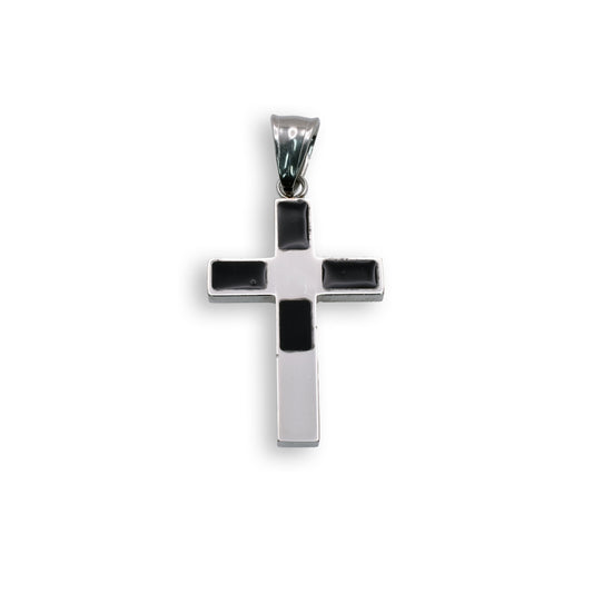 Rhodium Plated Stainless Steel Black Enamel Cross Pendant Christian Faith Charm