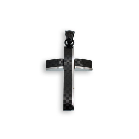 Black Rhodium Plated Stainless Steel Carbon Fiber Checkered Cross Pendant Charm
