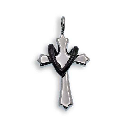 Rhodium Plated Stainless Steel Cross Black Drape Pendant Christian Faith Charm