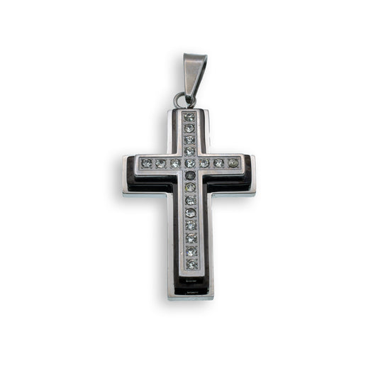 Rhodium Plated Stainless Steel Layered Cross Clear CZ Cross Christian Pendant