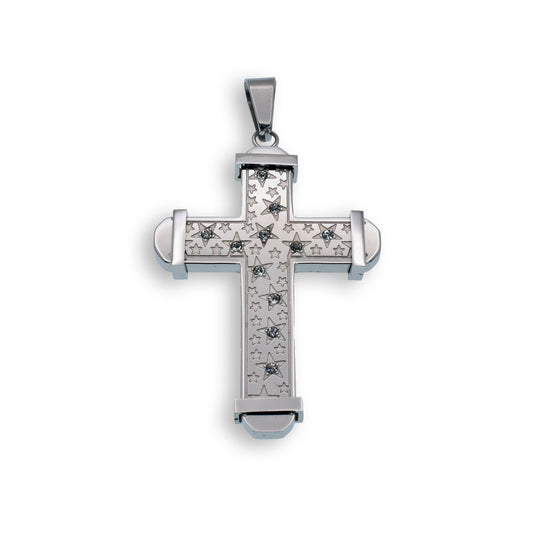 Rhodium Plated Stainless Steel Clear CZ Multi Star Cross Christian Pendant Charm