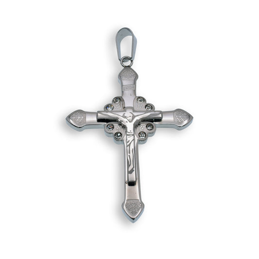 Rhodium Plated Stainless Steel Clear CZ Etched Crucifix Cross Christian Pendant